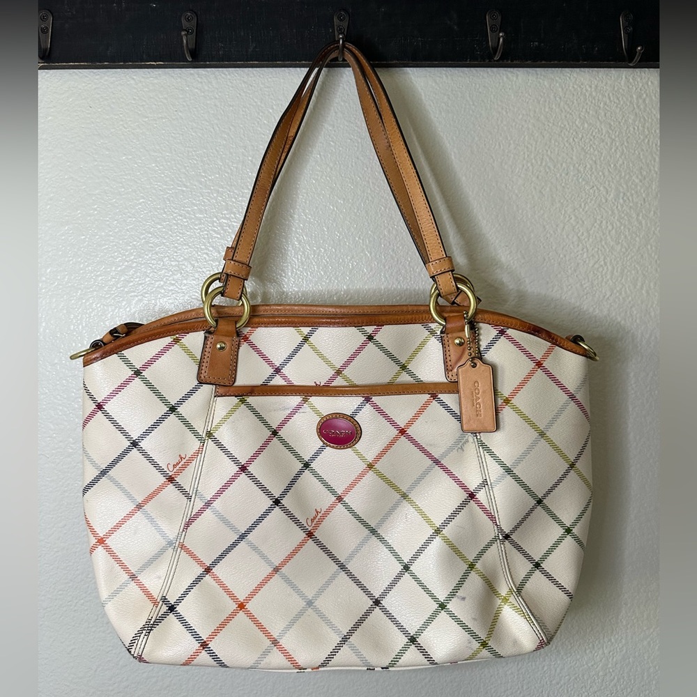Coach - Leather Peyton Plaid Tattersall Satchel Tote Bag